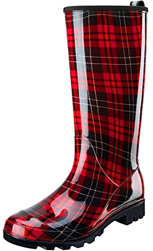 HISEA Women's Tall Rain Boots Slim Calf Waterproof Garden Boots Fashion Printed Rubber Boot Knee High Rain Shoes for Outdoor Gardening Yard Mud Work, Size 8 Red Plaid