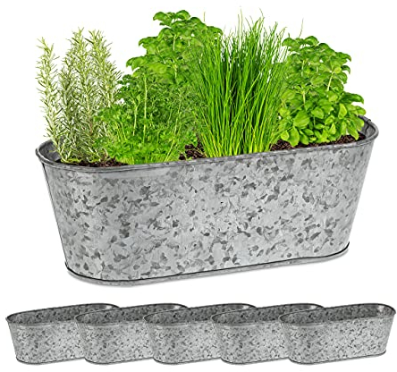 Relaxdays Set 6 Jardineras de Zinc, Macetas Galvanizadas, Maceterios Hierro Ovalados Exterior, 11x30,5x13,5 cm, Plateado