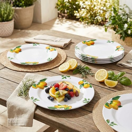 Yinshine Melamine Dinner Plates 10 Inch – Lemon Print Design Dishes Set of 6,Outdoor & Indoor Use,Shatterproof & Dishwasher Safe,Perfect for Picnic, Patio, and Everyday Dining,White