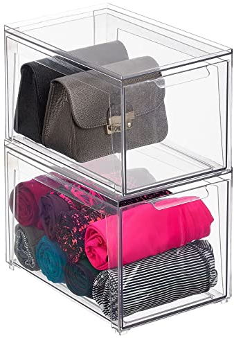 mDesign Aufbewahrungsbox mit Schublade – flache Schubladenbox aus Kunststoff zur Schuhaufbewahrung – Stapelbox für Schuhe, Accessoires und mehr – 2er-Set – durchsichtig