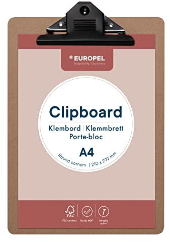 EUROPEL Klemmbrett aus MDF, A4, Hochformat, FSC-zertifiziert, MDF, mit schwarzem Metallclip, für Klassenzimmer, Büro, Geschäft, Restaurant, Lager, 325x230x3mm