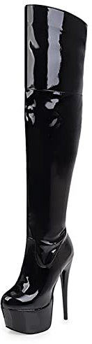 Bviennic Damen Stiletto Mode Lack Oberschenkel Boots Reißverschluss Elegant Nightclub Plateau Reitstiefel Prom Schwarz Gr 40 EU-41Cn