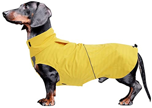 Morezi Wasserdicht & Regendicht Hundemantel mit Reflexstreifen & Bauchschutz - Leicht anzuziehen (Klettverschluss) - für Dackel & Corgi - Gelb - S