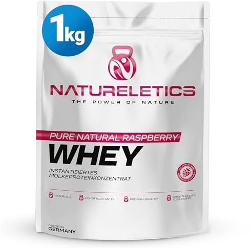 NATURELETICS HIMBEERE 1kg - Natürliches Premium Whey Protein aus Deutschland ohne Zusatz von Zucker, Süßstoffe, Aspartam & Sucralose - kohlenhydratarm – 22,6 % BCAA – reines Eiweißpulver
