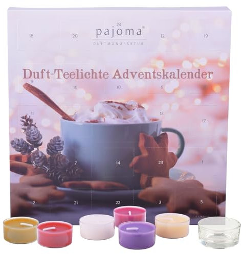 pajoma® Duftkerzen Duftteelichte Teelicht Adventskalender rot, 24 Teelichte in 6 versch. Sorten inkl. Teelichthalter