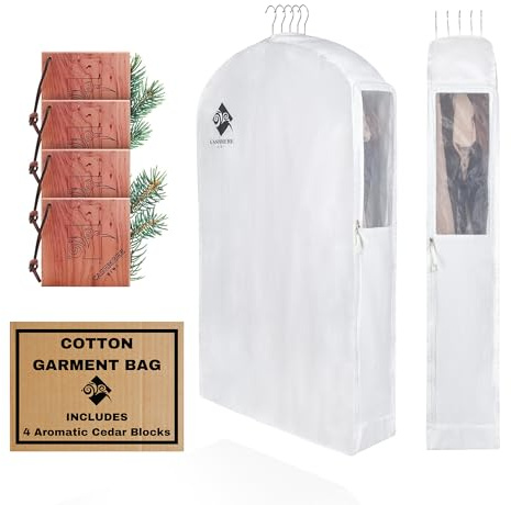Premium 40” Short Cotton Garment Bag For Hanging Clothes And Storage | Wide 6” Gusset & 4 Cedar Blocks For Fresh Smell And Moth Protection | Best For Suits, Fur Coats, Leather Jackets, Sweaters.