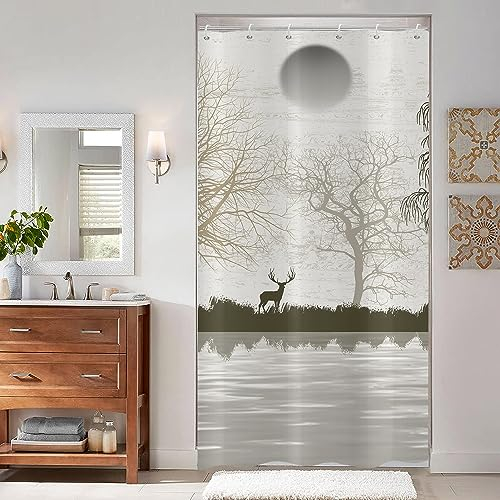 ASDCXZ Hirsch Duschvorhang 90x180 cm, Modern Kunst See Sonne Landschaftsmalerei Grau Bad Waschbar Schmal Duschvorhänge mit ösen Polyester Textil Wasserdicht Duschvorhang für Badewanne mit 6 Haken