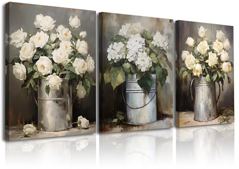 Piy Painting Cuadros de Flores, Cuadro Moderno de Rosas, Cuadro en lienzo Floral Blanco Impresiones sobre lienzo con Marco para Dormitorio, Baño, Sala de yoga, comedor, como Regalo 30x40cm, Set de 3