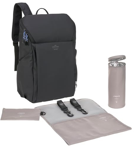LÄSSIG Baby Wickelrucksack mit Wickelunterlage, Kinderwagenbefestigung und Flaschenhalter/GRE Slender Up Backpack Black