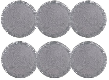 Cofan Pack de 6 salvamanteles individuales | Bajoplatos redondos | Color: beige, blanco o gris | Diámetro: 38 cm | Salvamanteles con flecos decorativos (Gris)