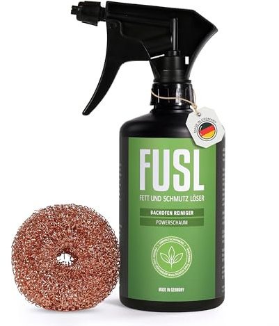 FUSL Backofenreiniger Powerschaum extra stark + Kopperschwamm - Ofenreiniger mit innovativer 360° Sprühfunktion für mühelose Reinigung von Backofen, Backblech und mehr - Made in Germany
