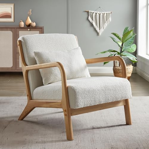 Sicaan Fauteuil Salon Scandinave Blanc Vintage Marie - Tissu Bouclette Accoudoirs Bois Courbé avec Coussin Design Cosy Élégant Fauteuil Salon Chambre Bureau Cocooning Confortable 84 x 65 x 74 cm