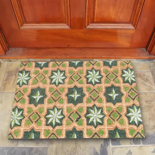 Large Green Coir Door Mat 45 x 75cm Embossed Print – Natural Coconut Fibre, Front Door Welcome Mat with Non-Slip Backing, Durable Eco-Friendly Dirt Trapper Boot Scraper Outdoor