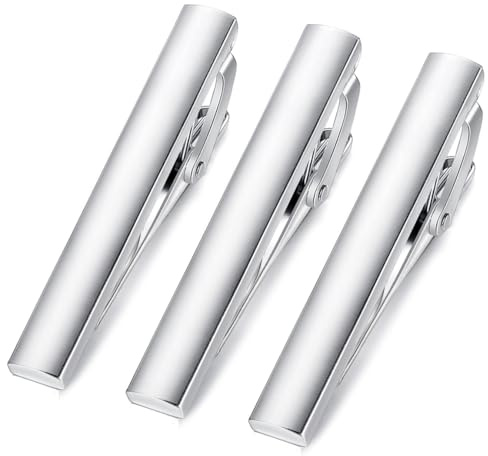 HONEY BEAR Set de 3 Clip Pasador de corbata Pisacorbatas 4cm, Corbata estrecha para hombres (Plata cepillada vertical con caja)
