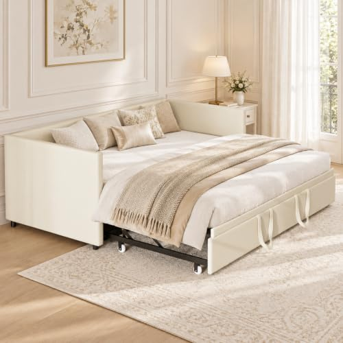 Liuyoyo Uppblåsbar stoppad säng 90/180 x 200 cm med lamellbotten, mångfunktionssäng i mjuk sammet för tonåring, bäddsoffa, utan madrass, beige