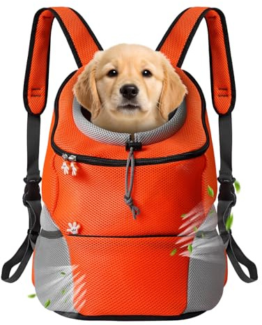 Bojury Pet Dog Carrier Backpack, Small Dog Cat Front Backpack, Breathable Adjustable Puppy Carrier with Safety Belt for Travel Hiking Cycling Walking Outdoor - Orange L