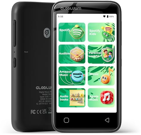 Globluum 80GB MP3 Player for Kids, Parental Controls, Supports Spotify Kids, Audible, LibriVox, Amazon Music and Kindle:Safe Android MP4 Player Gift with 4 Touchscreen, WiFi and Bluetooth(Black)