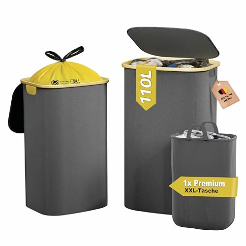 heimora Support pour sac poubelle jaune de 110 l, avec couvercle et sac intérieur XXL lavable, porte-sac poubelle de qualité supérieure pour la cuisine et la maison, poubelle jaune stable, pour le tri