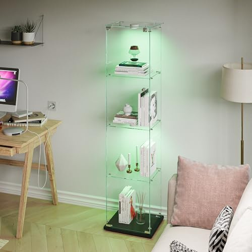 FOERPL Vitrine en Verre avec Éclairage LED,vitrine de Collection sur Pied,Vitrine Colonne à 4 Couches avec Porte Verrouillable pour Salon/Bureau/Salle de Jeux, 39.8x35x163cm,Noir