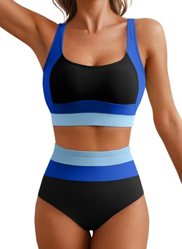 Herseas Women's Bikini Sets Color Block Removable Pad Wire Free 2026 Summer Swimsuits Scoop Neck 2 Piece Bathing Suits Athletic Cruise Essentials Teens Swimwear Sky Blue Medium