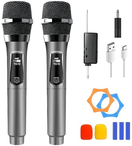 PORFOYO Micrófono inalámbrico, 2 piezas UHF Micrófono inalámbrico, juego de micrófono con receptor recargable, micrófono de mano doble, alcance de 50 m, para karaoke, canto, fiesta, escenario, boda