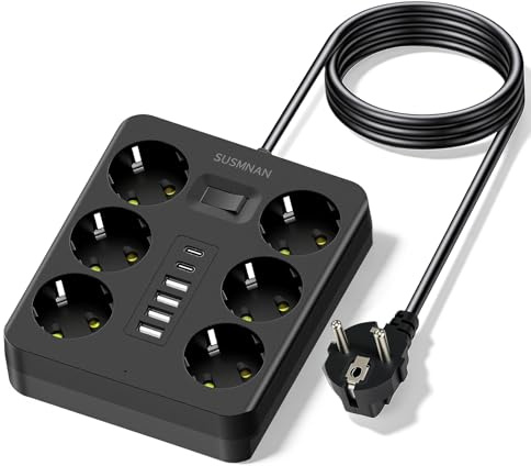 Regletas Enchufes, Ladron Enchufes con 6 Puertos USB(4 USB A+2 USB C) y 6 Tomas, Proteccion Sobretension con Alargador 1.8M, 2500W/10A, Enchufe Multiple para Casa, Oficina, Cocina, Negro