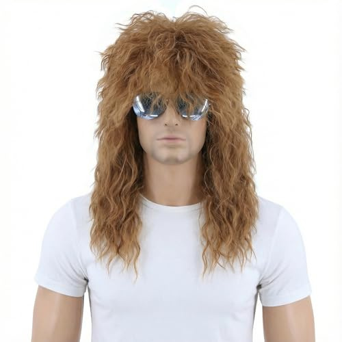Werownsgso 80-års Herrperuk Svart Rocker Lockig Peruk Lång Naturlig Peruk Med Skikt för Halloween Fasching Karneval Cosplay (Guldbrun)
