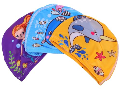 DECHOUS 3 Piezas Gorros Natación Infantiles Elásticos de Poliéster con Estampados de Dibujos Animados para Niñas Cómodos y Resistentes para Piscina y Baño