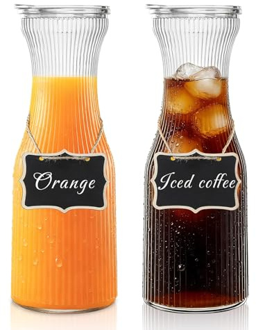 INSETLAN 1 Liter Ribbed Glass Carafe with Lid, Set of 4- Juice Carafe for Mimosa Bar, Brunch,Parties, Beverage Serveware,Cold Brew Coffee, Milk, Iced Tea, Lemonade -Includes 4 Wooden Chalkboards