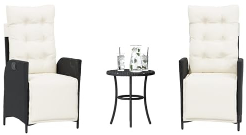 LoogCape Salon de jardin 3 pièces en polyrotin noir avec fauteuils de relaxation réglables et coussins - Résistant aux UV - Pour balcon, terrasse et jardin