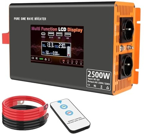 Inverter Onduleur Sinusoïdal Pur 5000 W 12 V vers 220 V avec Prise UE pour Stockage De Batteries Solaires Et Chalets Hors Réseau Convertisseur Tension(2500W)