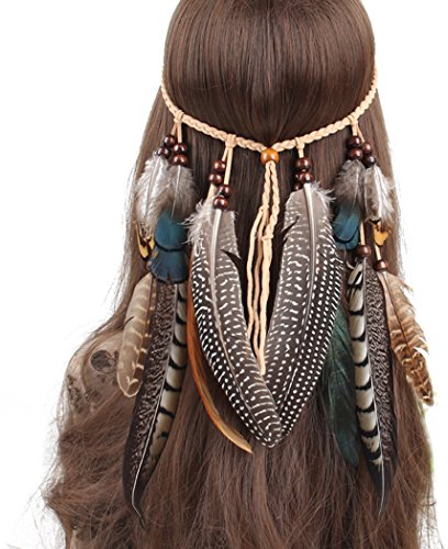 Ymwave Indisk huvudbonad hippie boho fjäder tofs pannband håraccessoarer för kvinnor flicka fest festival, 1#