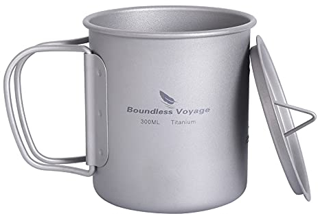 iBasingo 300ml Titan Becher Camping Tasse Outdoor Tee Kaffee Reisebecher mit Deckel & Klappgriff Leicht Wasser Becher Picknick Trinkbecher Metall Geschirr Ti3034D