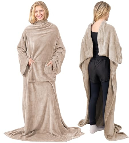 PAVILIA Premium Fleece Blanket with Sleeves for Women Men Adult, Wearable Blanket Warm Cozy, Super Soft Sleeved Throw with Arm, Gift for Women Mom Wife (Taupe, Kangaroo Pocket)