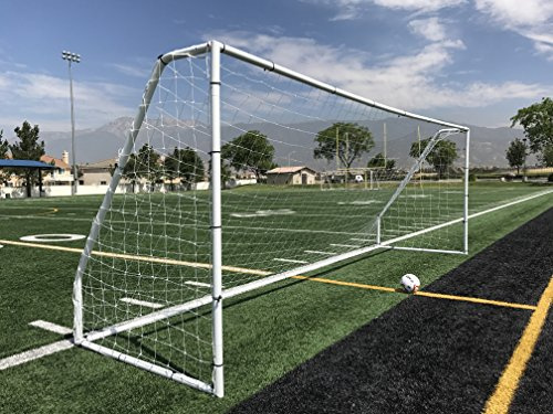 Vallerta Premier 18 X 7 Ft. Official Regulation Soccer Goal. 2 Diameter Powder Coated Steel Frame w/Durable 4mm Net, Ground Stakes, Elastic Clasps & Re-Usable Ties. 18x7 Foot.