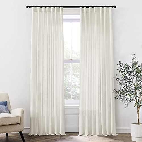 Linen Cotton Farmhouse Curtains for Living Room, Cream Off White Natural Fabric Semi Sheer Curtains 84 Inches Long, Neutral Ivory Boho Pleated Bedroom Bay Window Curtain Drapes 84 Length 2 Panels Set