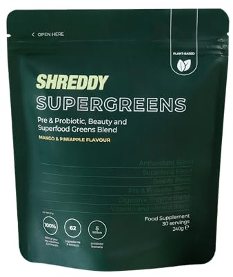 SHREDDY | Probiotic, Beauty, Superfood Greens Blend | 5 Billion Probiotics, 100% NRV Vitamins | 62 Nutrient-Rich Ingredients | Vegan-Friendly | Mango & Pineapple Flavour
