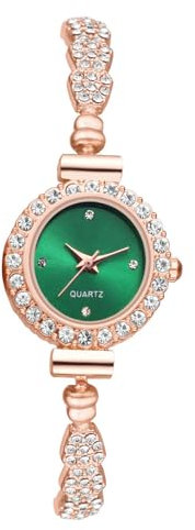 JewelryWe Uhren Damen Glitzer Strass: Analog Quarz Armbanduhr Frauen Bling Ultradünne Kleine Lässige Uhr Damenuhr mit Rosegold Schmal Metall-Armband und Grün Rundem Zifferblatt