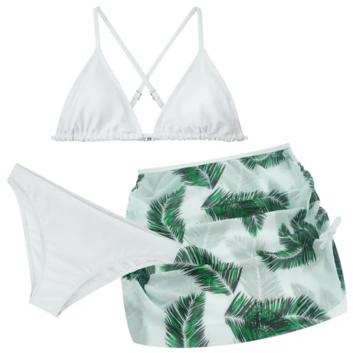 SEAUR Ragazze Gonna Set di Costumi da Bagno Top Bikini con Imbottiture Rimovibili + Slip Bikini + Gonna a Portafoglio da Spiaggia Bianco 14 Anni