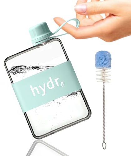 hydr Petite bouteille d'eau plate pour sacs et voyage – Gourde en plastique Tritan fine et étanche de 500 ml pour femme avec brosse de nettoyage, sans BPA et réutilisable – Bouteille d'eau carrée