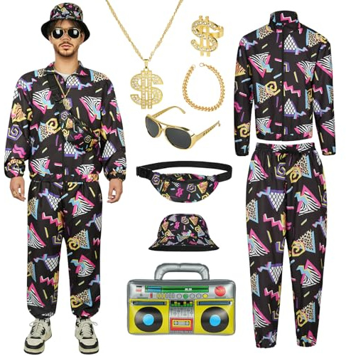 AYBUY Deguisement Année 80 90 Homme Femme, Costume Rétro Survêtement Veste Pantalon Accessoire Chapeau de Pêcheur Déguisement Disco pour Carnaval, Soirée Deguise, L
