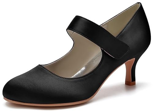 ZZQCCHL Women's Ankle Strap Wedding Dress Shoes Round Toe Low Heel Mary Jane Shoes Satin Bridal Shoes for Evening Parties,Black,9 UK