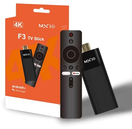 MX10 F3 4K Android TV Stick with Remote Control, Supports YouTube and Streaming Apps