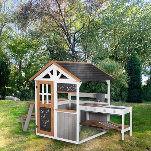 roba Casa de Juegos de jardín de Madera – Incluye Cocina de Juegos con fogones + Mesa de Picnic y Banco para niños – Casa de Juegos Impermeable con Puesto de Venta – Multicolor