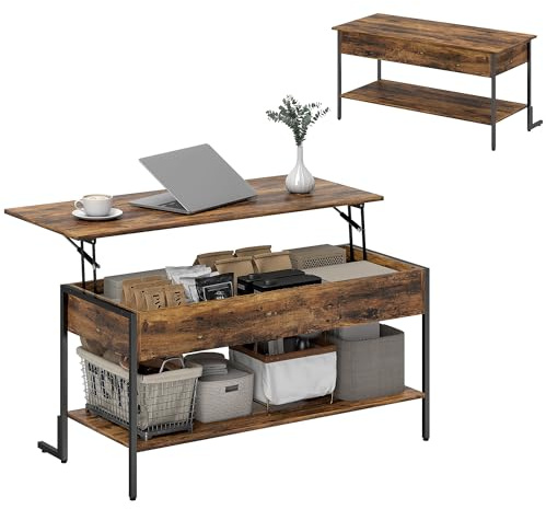 HOMCOM Lift Top Coffee Table with Storage, Soft Close, Industrial Living Room Table with Hidden Compartment and Open Shelf, Rustic Brown
