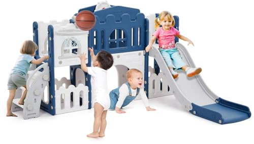 Garvee Toboggan pour Enfant 8 en 1, Ensemble Toboggan avec Espace de Cache-Cache, Échelle d'escalade, Panier de Basket, Télescope et Tunnel de Jeu pour Enfants Aire de Jeux (Bleu)