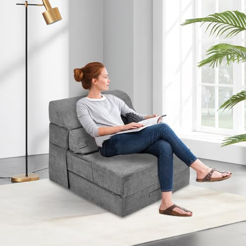 INRLKIT Convertible Sofa Bed, Folding Floor Couch Corduroy Fold Out Couch Bed Futon Sleeper Mattress, Boneless Sofa Comfy Lounge Single Sofa for Living Room Bedroom, Grey