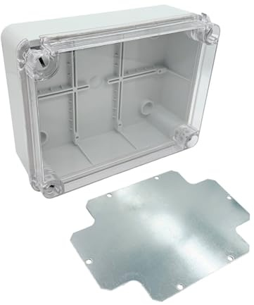 ARLI Scatola di derivazione IP67, 190 x 145 x 80 mm, per ambienti umidi, colore grigio, con copertura trasparente + piastra di montaggio, senza alogeni per interni ed esterni