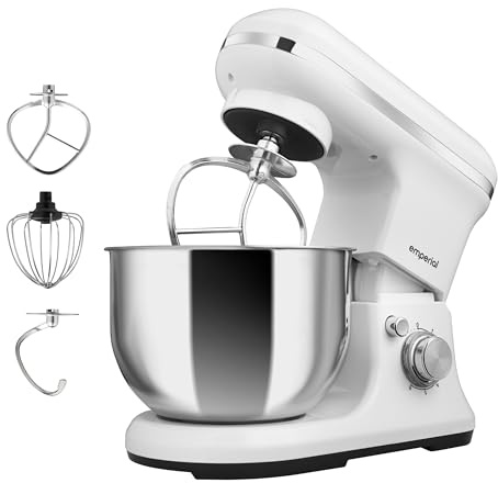 Emperial Stand Mixer | 1200W Food Mixer for Baking with Beater, Dough Hook & Whisk | 5L Stainless Steel Bowl | 6 Speed Electric Kitchen Mixer with Removable Splash Guard (White)