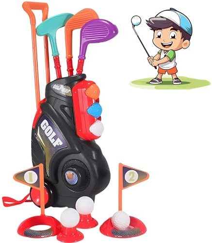 QXLXS Ensemble de Jouets de Golf, Ensemble de Golf pour Tout-Petit, Valise de Golf pour Enfants, avec 6 Balles, 3 Clubs, 2 Trous, Jouets de Sport d'intérieur et d'extérieur Garçons Filles Golf